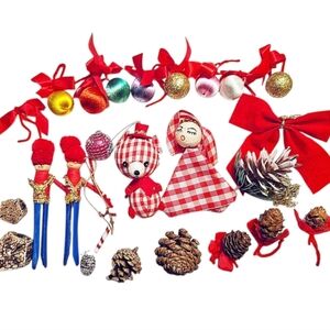 Bundle of Vintage Christmas Ornaments 1970s Small Handmade Toy Soldiers Pinecone